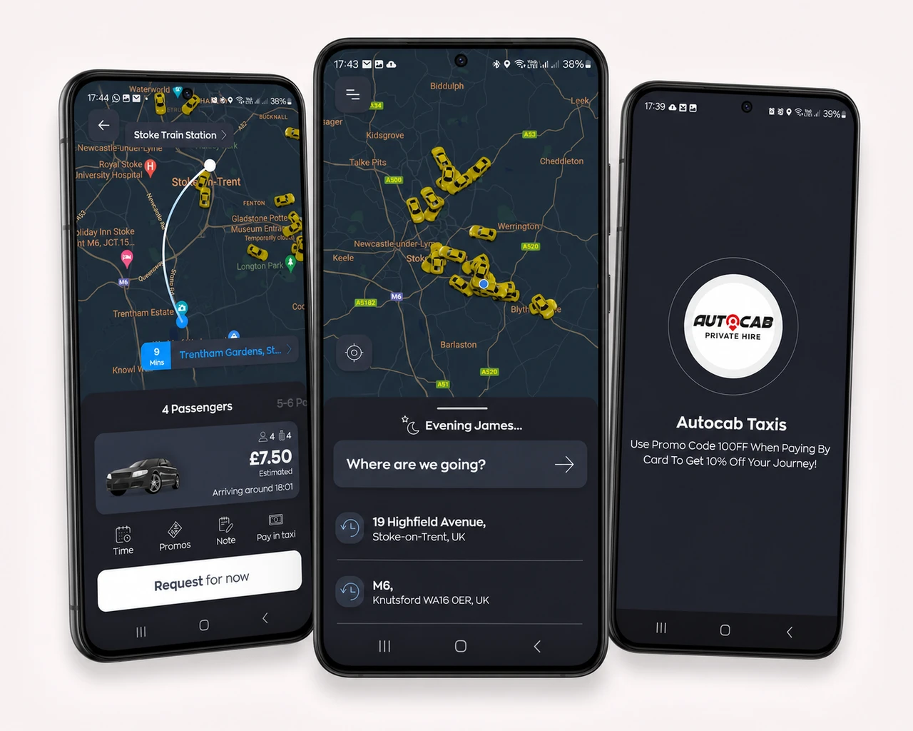 Autocab Taxis app screens showing map booking, fare estimate, and Autocab promo screen