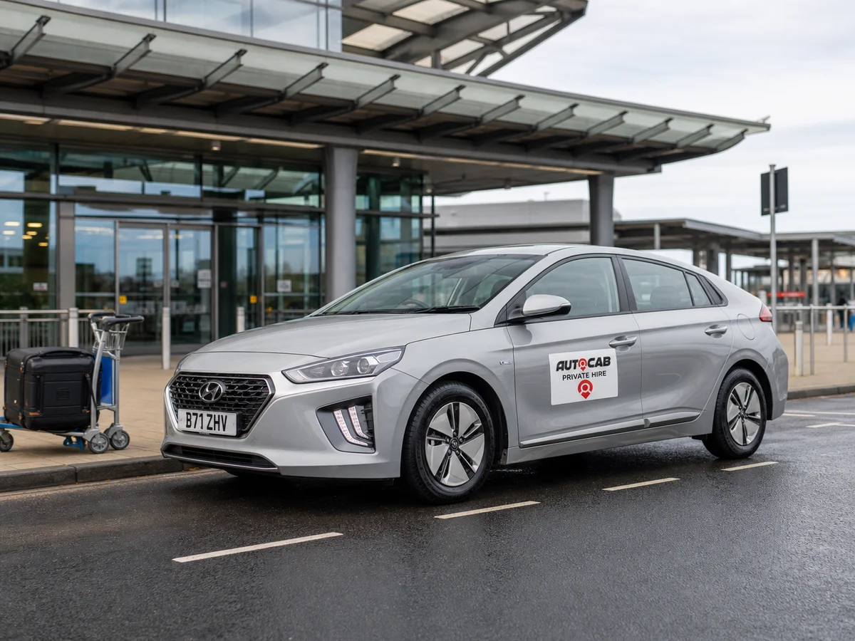 Autocab private hire car waiting at an airport terminal drop-off